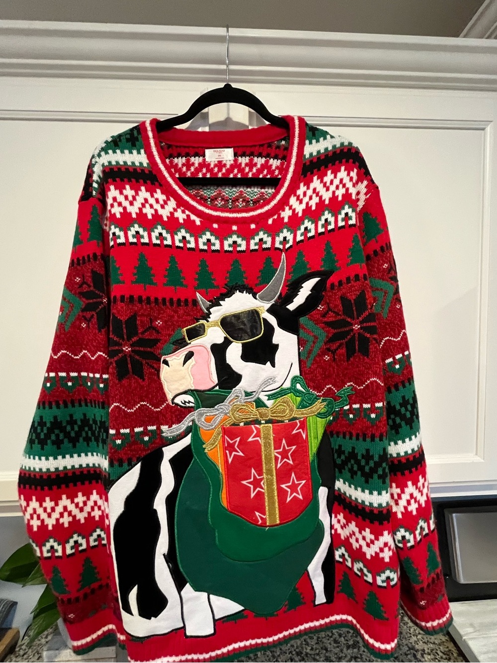 Holiday Time Red and Green Cow Crewneck Sweater